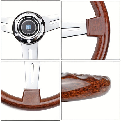 Classic Vintage Wood Grain Steering Wheel - 350mm with Chrome Spokes