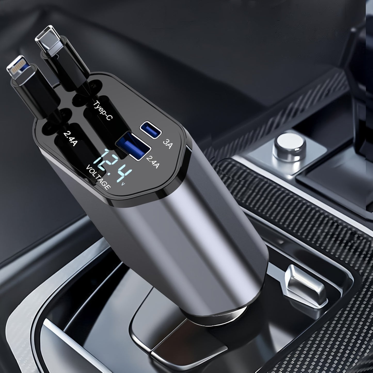 4-in-1 Fast Car Charger with Extendable 80.01cm Cable, USB & Type-C Ports