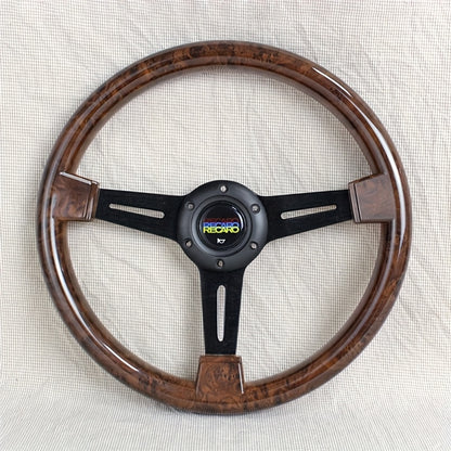 35.05 cm Classic Style Wood Grain Steering Wheel with Chrome/Black Metal Spoke