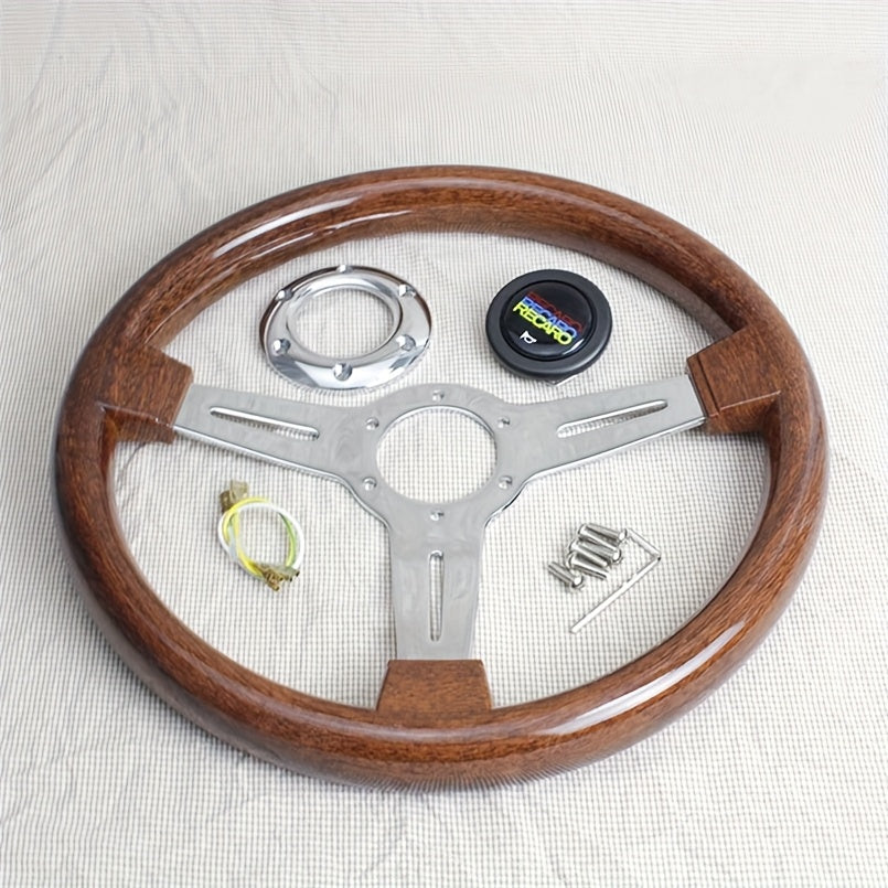 35.05 cm Classic Style Wood Grain Steering Wheel with Chrome/Black Metal Spoke