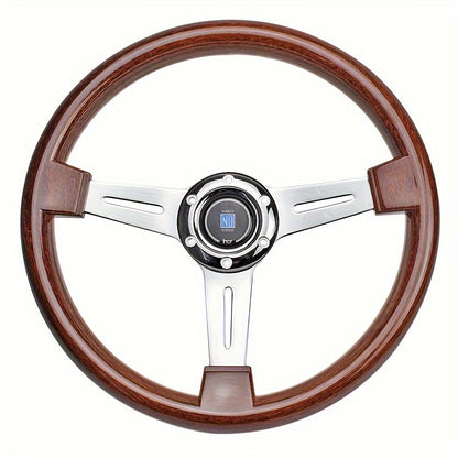 Classic Vintage Wood Grain Steering Wheel - 350mm with Chrome Spokes