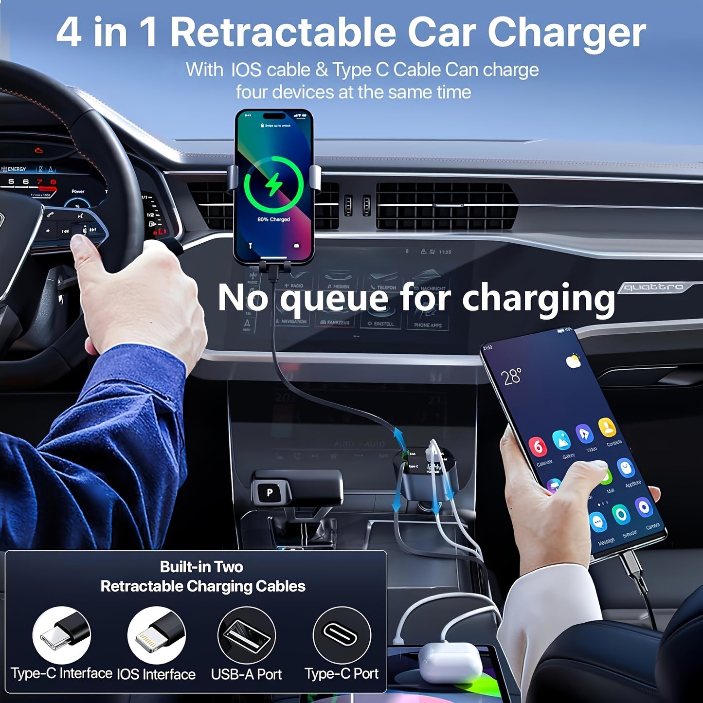 4-in-1 Fast Car Charger with Extendable 80.01cm Cable, USB & Type-C Ports