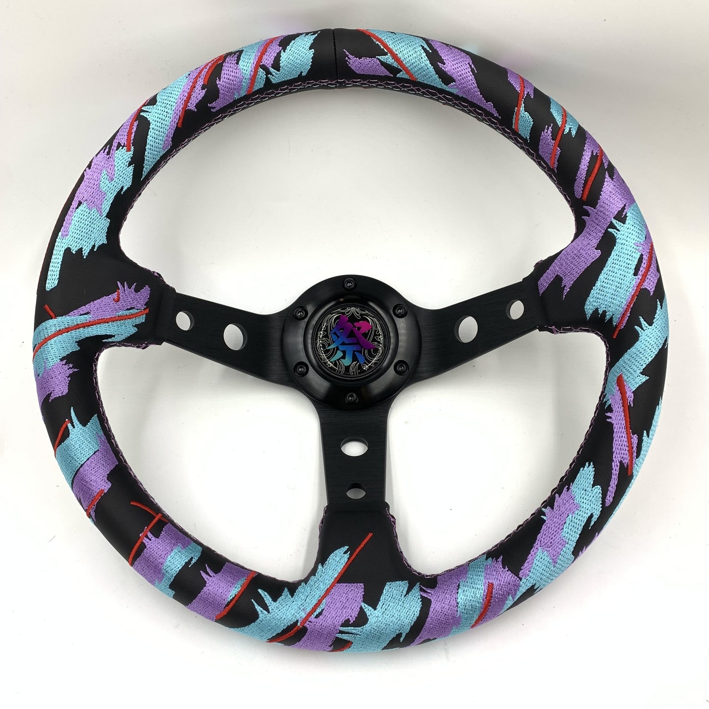 Racing Steering Wheel, Deep Dish Design, Embroidered Microfiber Leather