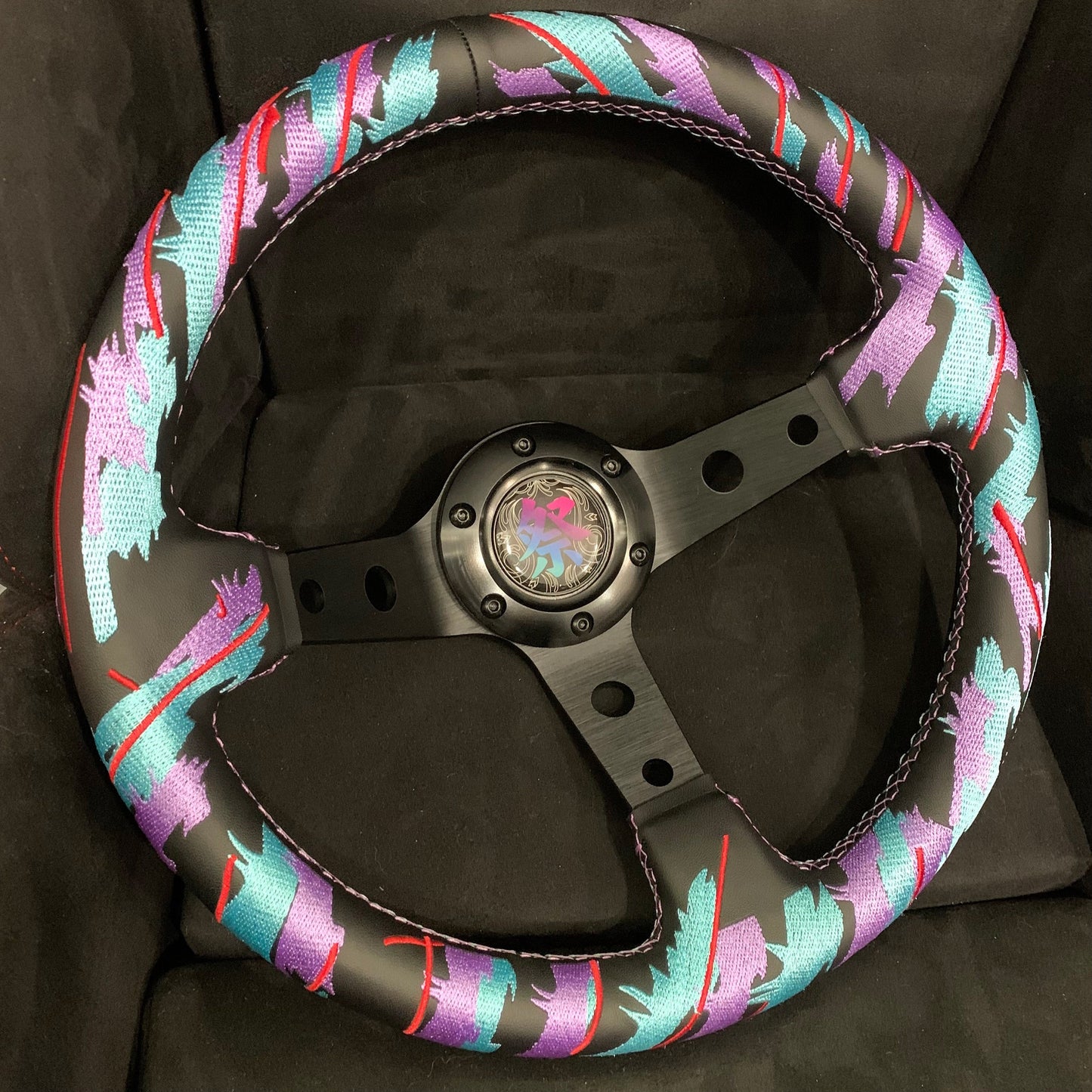 Racing Steering Wheel, Deep Dish Design, Embroidered Microfiber Leather