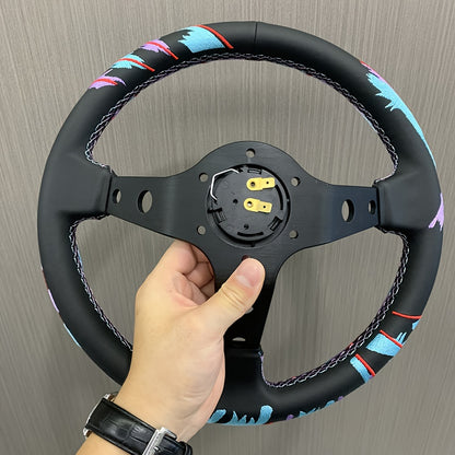 Racing Steering Wheel, Deep Dish Design, Embroidered Microfiber Leather