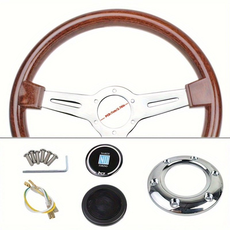 Classic Vintage Wood Grain Steering Wheel - 350mm with Chrome Spokes