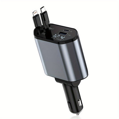 4-in-1 Fast Car Charger with Extendable 80.01cm Cable, USB & Type-C Ports