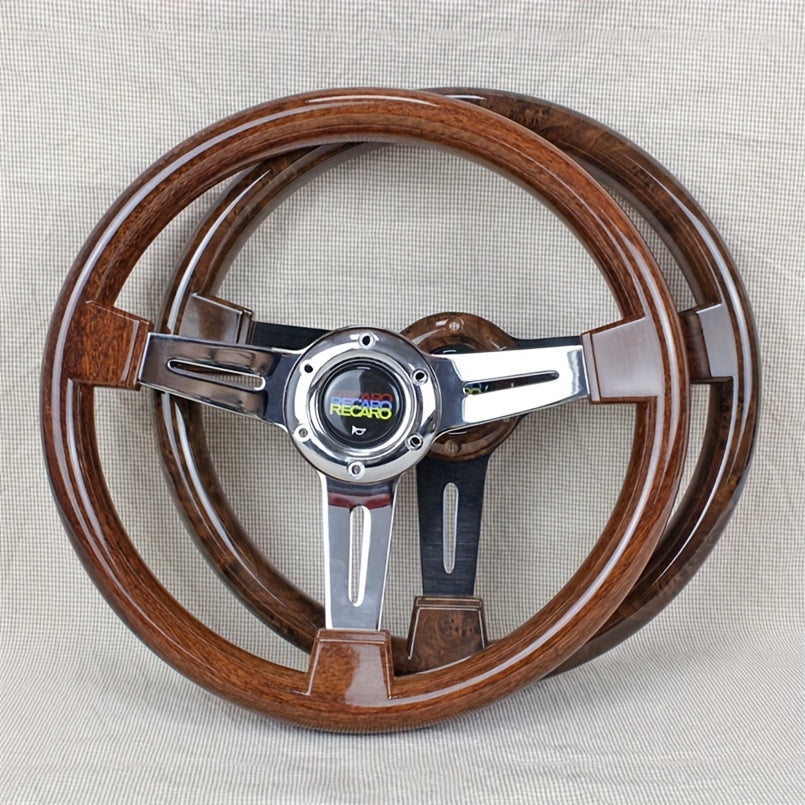 35.05 cm Classic Style Wood Grain Steering Wheel with Chrome/Black Metal Spoke