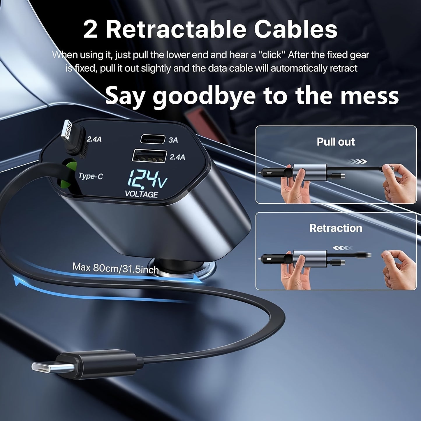 4-in-1 Fast Car Charger with Extendable 80.01cm Cable, USB & Type-C Ports