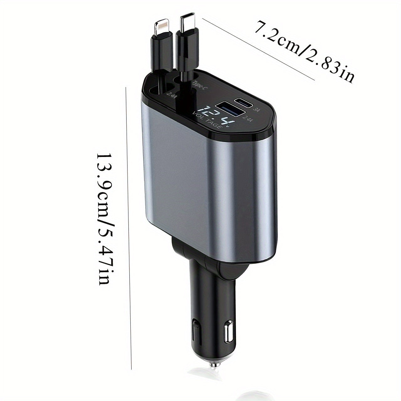 4-in-1 Fast Car Charger with Extendable 80.01cm Cable, USB & Type-C Ports